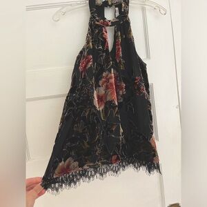 Like -New Sleeveless Halter top with Floral Velvet Overlay & Lace Trim